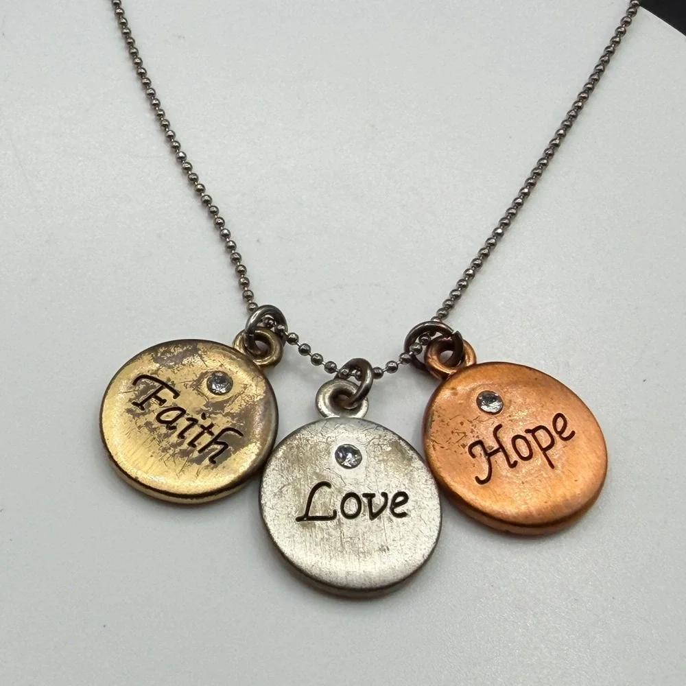 Faith Love Hope Rhinestone Charm Pendant Necklace Mixed Metal Inspirational Gift
